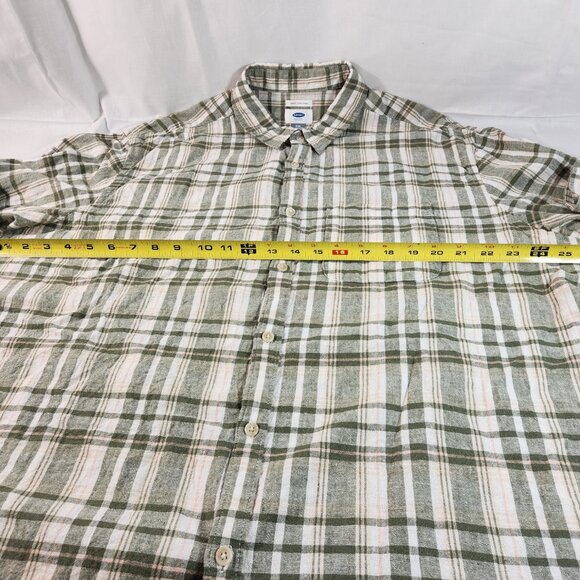 Old Navy Men's XXL Button Up Slim Fit Plaid Linen Cotton Green White Pocket VG - Picture 3 of 11